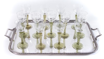 Lot 143 - Thirteen Hock Glasses on plated tray