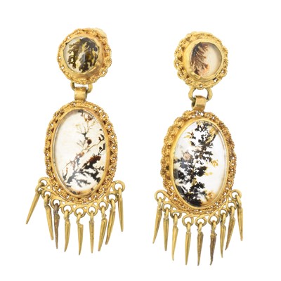 Lot 40 - A pair of Victorian moss agate earrings