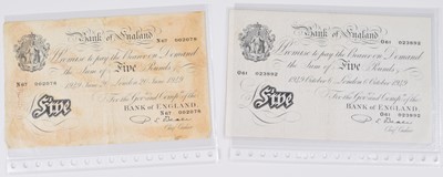 Lot 75 - Selection of British banknotes to include White Five Pounds and counterfeit WW2 Five Pounds.