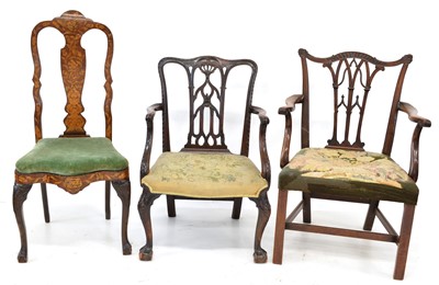 Lot 251 - Late 18th-century mahogany open arm carver and two others.