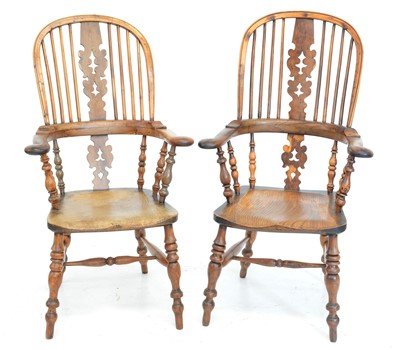 Lot 370 - A pair of mid-19th century yew wood and elm hight back Windsor chairs