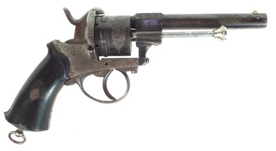 Lot 252 - Belgian 9mm pinfire revolver, 3.5 inch octagonal barrel, six shot cylinder, chequered wood grips. 

8mm Pinfire revolver