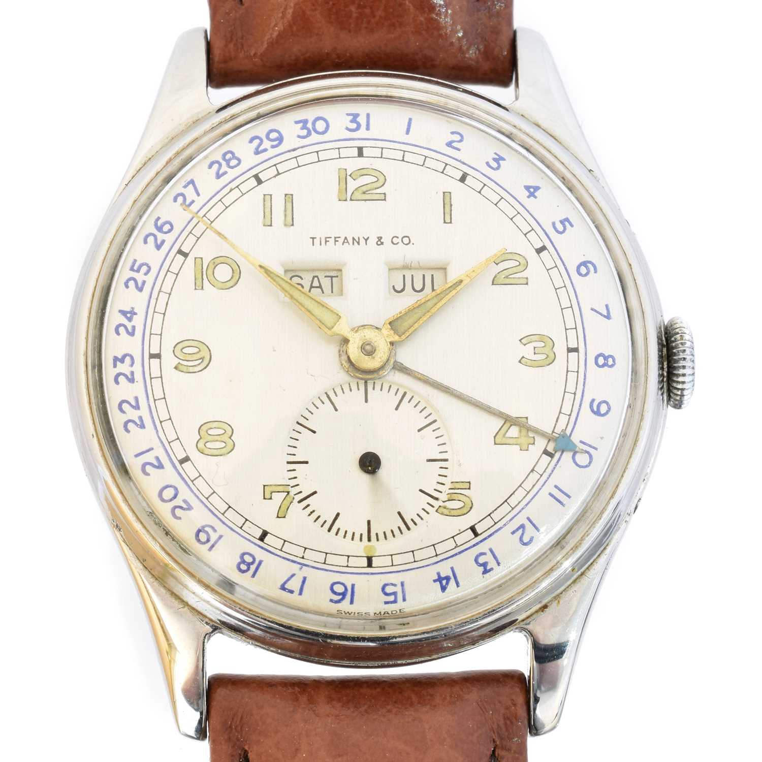 Lot 196 - A 1950s Movado for Tiffany & Co. Calendomatic manual wind wristwatch