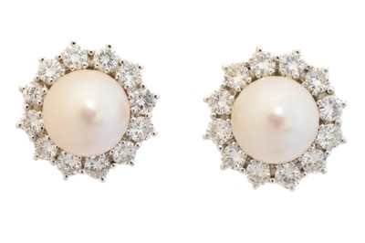Lot 54 - A pair of cultured pearl and diamond earrings