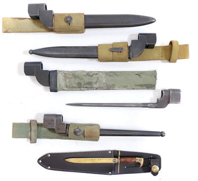 Lot 75 - Five No.4 Lee Enfield Rifle bayonets and a trench art bayonet