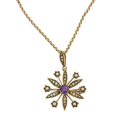 Lot 74 - An early 20th century amethyst and split pearl pendant
