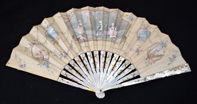 Lot 287 - Gilded mother of pearl monture fan with painted silk leaves