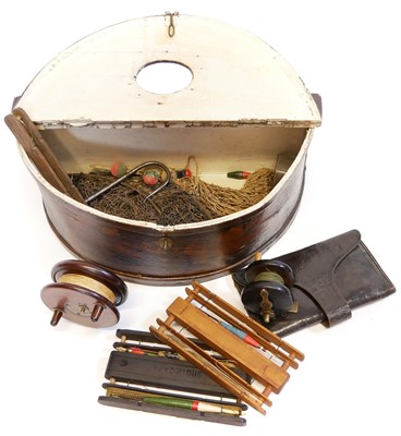 Lot 311 - Antique steamed wood fishing creel with coarse fisher’s tackle  and wooden reel