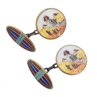 Lot 77 - A pair of 1920s silver enamel cufflinks