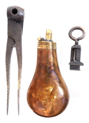Lot 202 - Powder flask, bullet mould and mainspring clamp.
