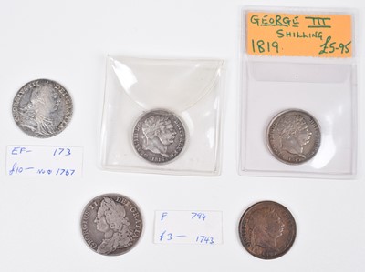 Lot 24 - George II Shilling, Three George III Shillings and one counterfeit George III Shilling (5).