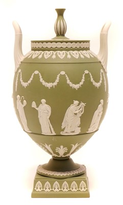 Lot 177 - Wedgwood green jasperware ovoid vase urn