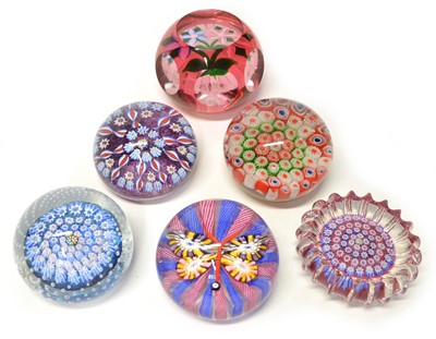 Lot 141 - 6 paperweights to include 5 John Deacons millefiori and faceted floral paperweights