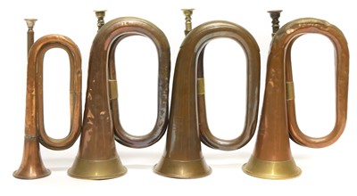 Lot 389 - Four bugles, one with Lancashire Fusiliers legend
