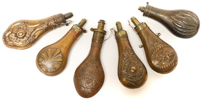 Lot 241 - Six embossed copper and brass powder flasks