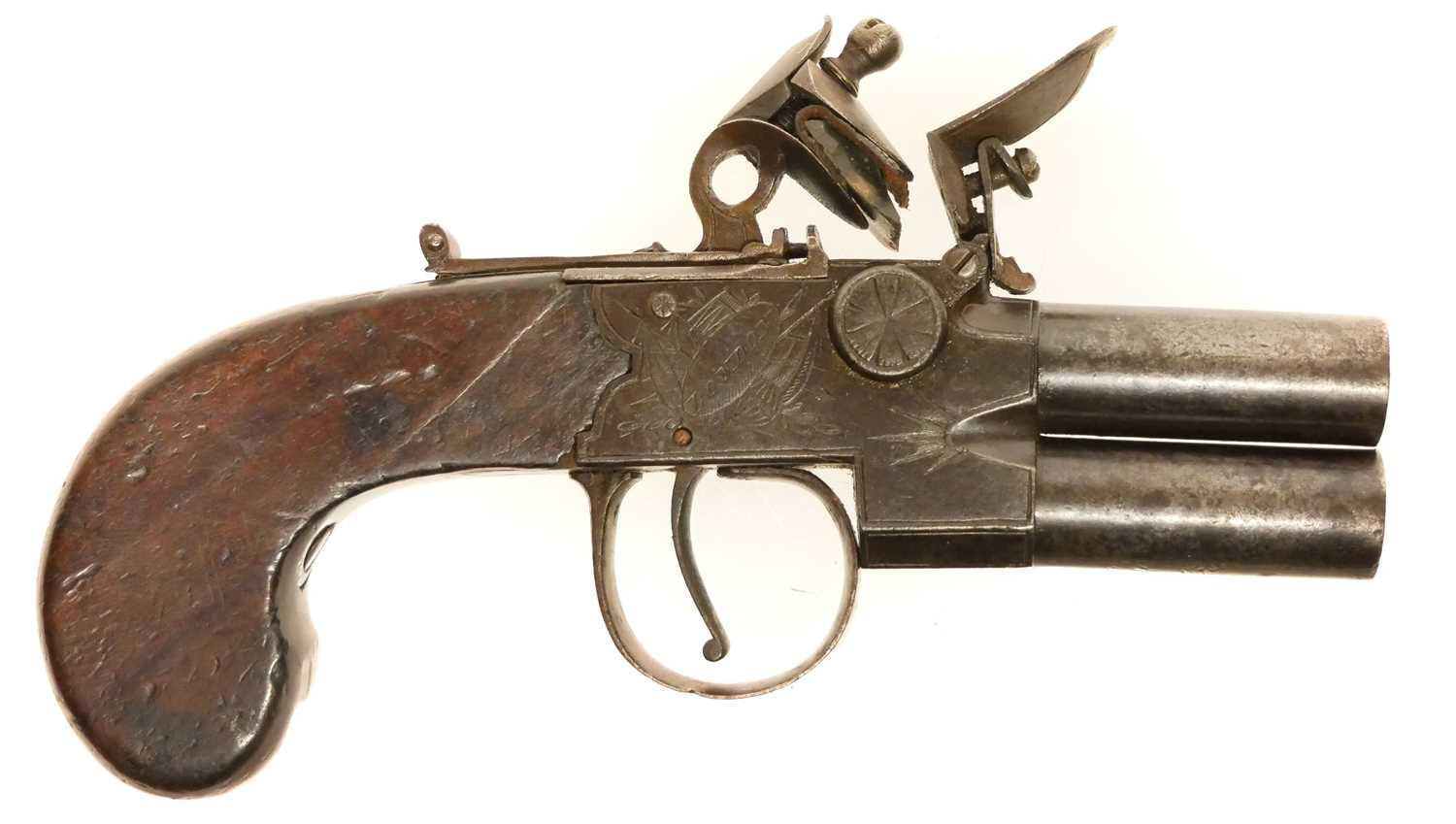Lot 2 - Flintlock over and under pocket pistol by Spencer of London.