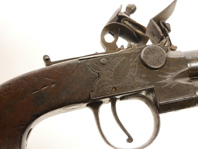 Lot 2 - Flintlock over and under pocket pistol by Spencer of London.
