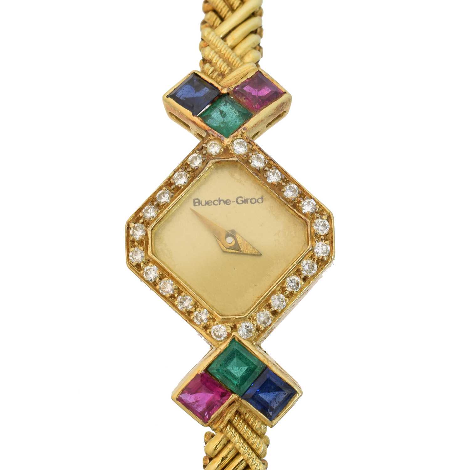 Lot 97 - An 18ct Bueche Girod gold diamond and gem-set cocktail watch