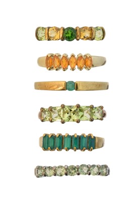 Lot 169 - Six 9ct gold gem-set band rings