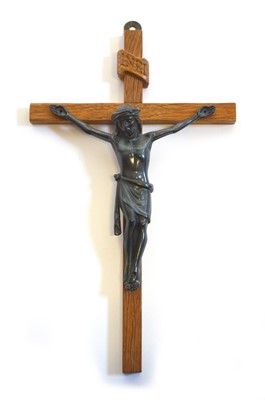 Lot 250 - Mouseman oak crucifix with cast metal figure of Jesus