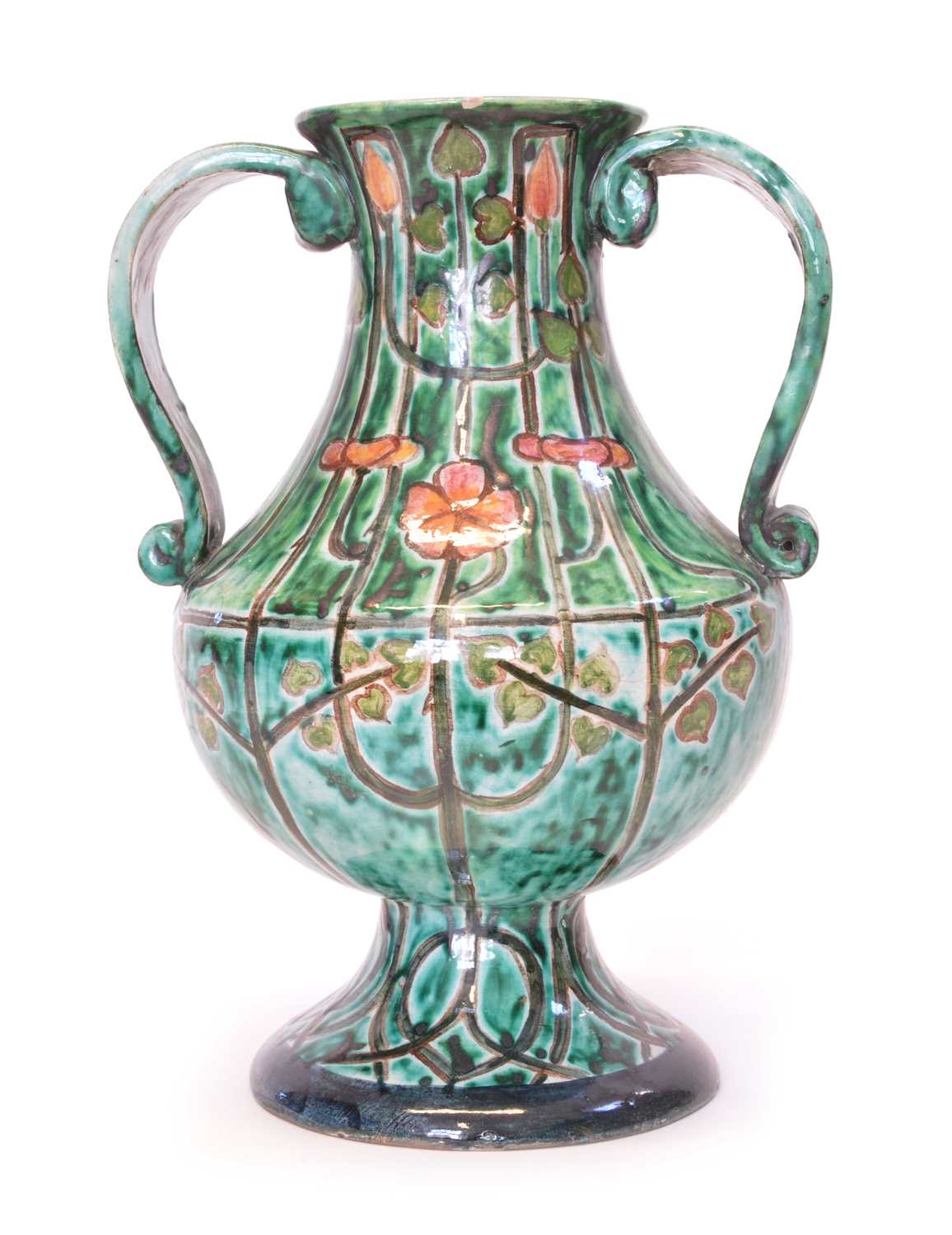 70 - Della Robbia twin handled footed vase