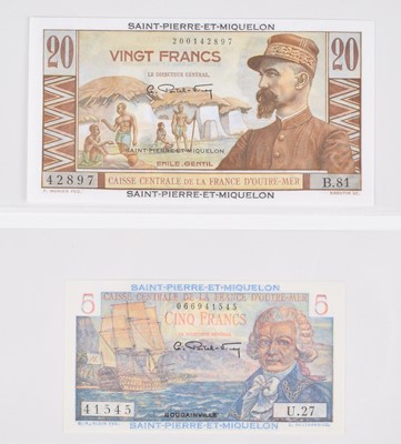 Lot 79 - Two Saint-Pierre et Miquelon (France) 20 Francs and 5 Francs banknotes, (1950-60), UNC (2).