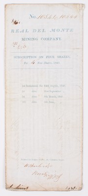 Lot 20 - Real Del Monte Mining Company, Subscription on Four Shares, 1840.
