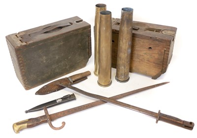 Lot 285 - Two Browning machine gun wood cases, three 40mm Bofors shells, two bayonets, and a knife