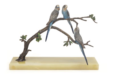 Lot 19 - Cold Painted Bronze model of Three Budgies on an Onyx Base