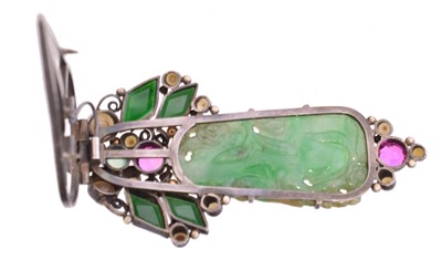 Lot 8 - A jade and gem-set silver clip brooch attributed to Dorrie Nossiter