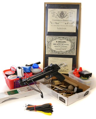 Lot 506 - Armex crossbow pistol and an assortment of shooting related items