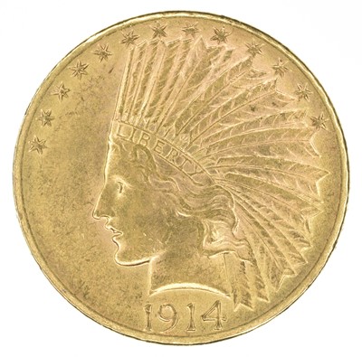 Lot 71 - United States of America, Ten Dollars, Indian Head Eagle Gold Coin, 1914 Denver Mint.