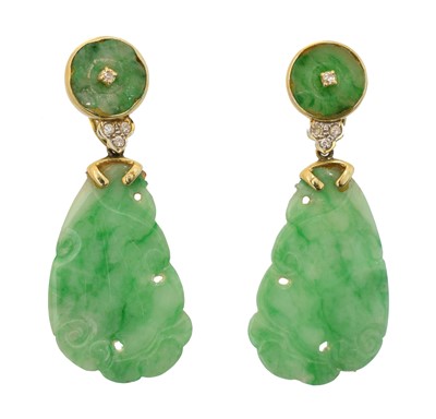Lot 55 - A pair of jade and diamond earrings