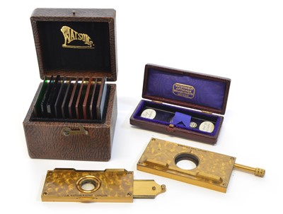 Lot 167 - Two Mica Selenite stages, micrometer slide and coloured slides