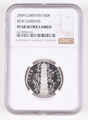 Lot 68 - 2009 Royal Mint, Silver Proof Ultra Cameo Kew Gardens Fifty Pence, slabbed.