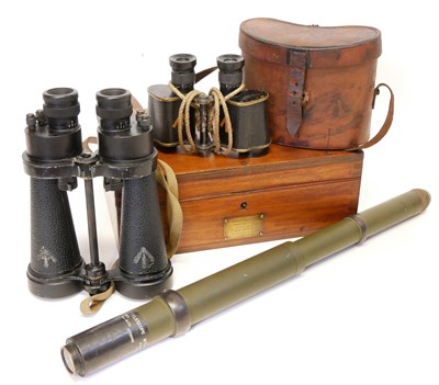 Lot 302 - Military optics, to include Naval binoculars, broad arrow binoculars and a Telescope M70
