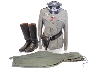 Lot 371 - German WWII Pioneers Cap, a tunic, pair of breeches, pair of boots, P38 holster and belt