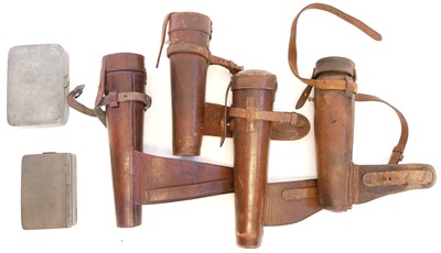 Lot 408 - Four leather spirit flask holders and two sandwich tins