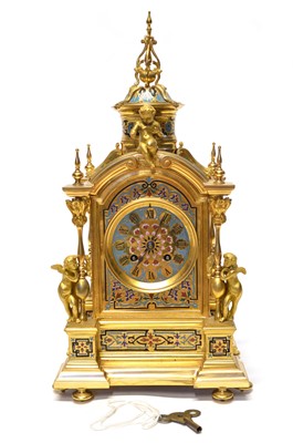 Lot 198 - French Eight-Day Gilt Brass and Champleve Mantel Clock