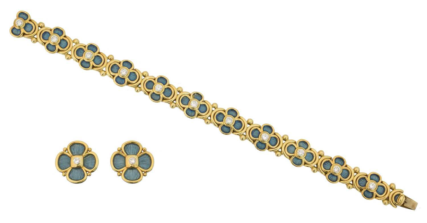 Lot 50 - An 18ct gold enamel and diamond suite of jewellery by Leo De Vroomen