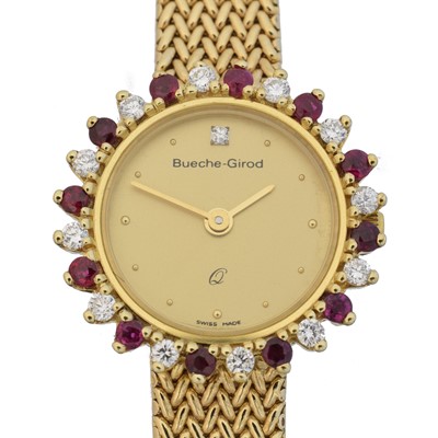 Lot 162 - A 9ct gold ruby and diamond Bueche Girod quartz wristwatch