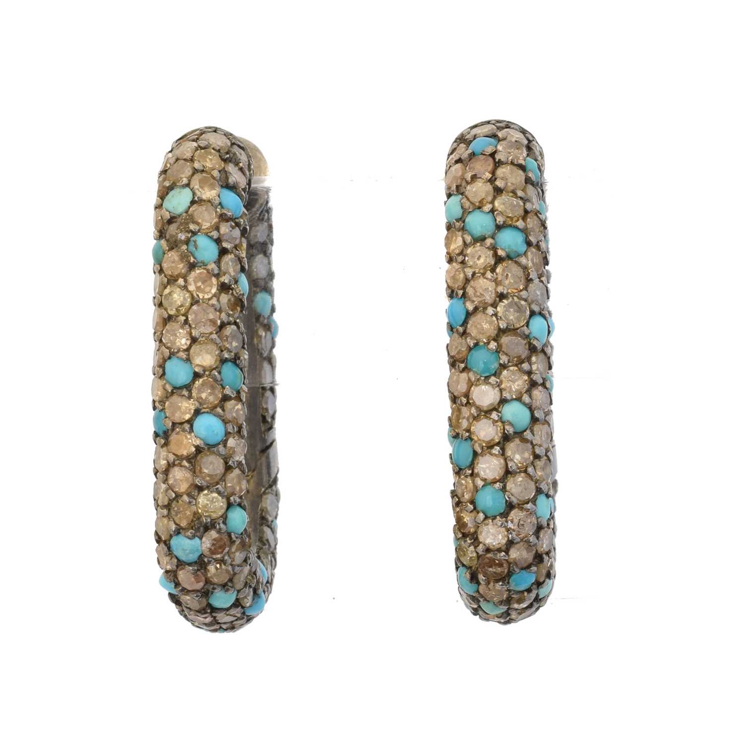 Lot 60 - A pair of turquoise and diamond hoop earrings