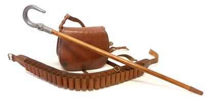 Lot 196 - Good quality leather shotgun belt and cartridge bag, also a shooting stick.