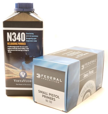 Lot 249 - 1000 Federal small pistol primers and a tub of Vihtavouri N340 powder LICENCE REQUIRED