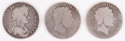Lot 7 - Three historical silver Crowns to include Charles II, 1677 silver crown (3).