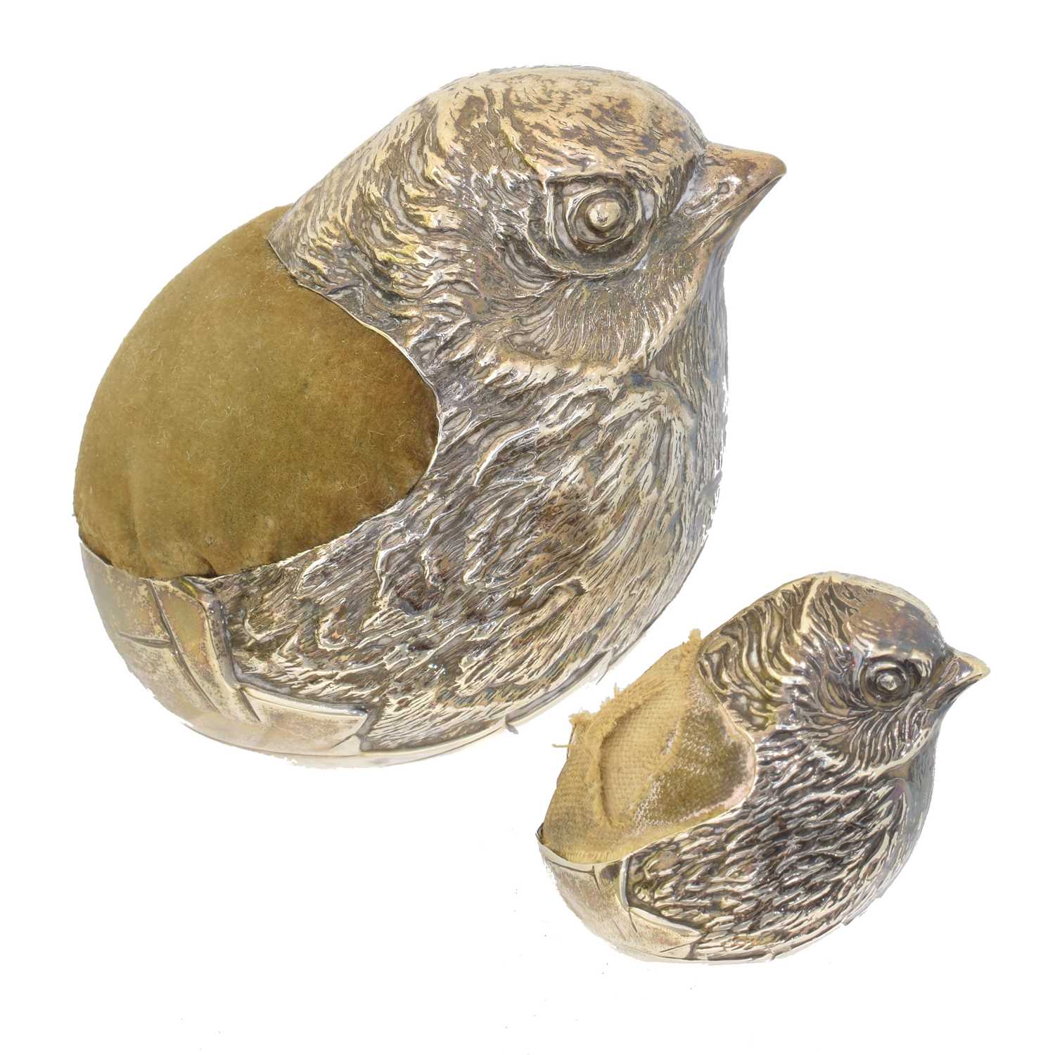 Lot 164 - Two George V novelty chick silver pin cushions