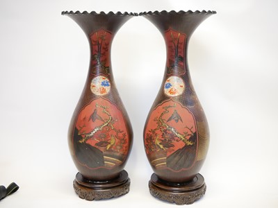Lot 223 - Pair of large Japanese lacquered porcelain vases