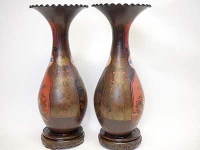 Lot 223 - Pair of large Japanese lacquered porcelain vases