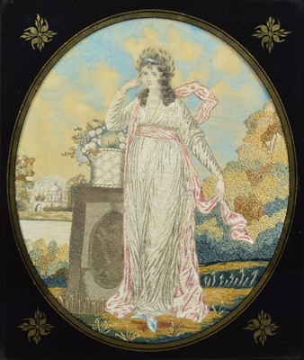 Lot 196 - A Georgian needlework silk picture depicting a standing female beside a column.