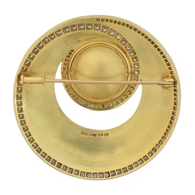 Lot 36 - An 18ct gold cultured pearl, enamel and diamond brooch by Leo De Vroomen